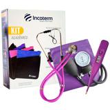Kit Academ Esfigmomanômetro Estetoscópio Termômetro Bolsa Lilas Incoterm