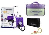 Kit Aparelho de Pressão com Estetoscópio Clinico Duplo Lilás Incoterm + Bolsa JRMED + Garrote JRMED