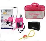 Kit Aparelho de Pressão com Estetoscópio Clinico Duplo Pink Incoterm + Bolsa JRMED + Garrote JRMED