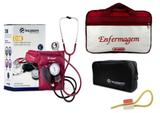 Kit Aparelho de Pressão com Estetoscópio Clinico Duplo Vinho Incoterm + Bolsa JRMED + Garrote JRMED