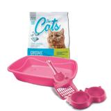 Kit areia gatos sílica 1,6kg bandeja pá e comedouro rosa - The pets