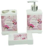 Kit Banheiro com 3 Peças - Saboneteira Liquida + Saboneteira + Porta Escova - Retro - Porcelana - Carisma