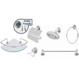 Kit Banheiro Inox 6pcs Com Porta Shampoo de Vidro 6mm Linha Stander - Kit bras