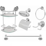 Kit Banheiro Inox 6pcs Com Porta Shampoo Duplo de Canto Vidro 6mm Linha Stander - Kit bras