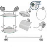 Kit Banheiro Inox 6pcs Com Porta Shampoo Duplo de Canto Vidro 6mm Linha Stander - Kit bras