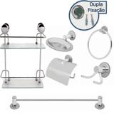 Kit Banheiro Inox 6pcs Com Porta Shampoo Duplo Reto Vidro 6mm Linha Stander - Kit bras
