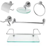 Kit Banheiro Inox Com Porta Shampoo de Vidro Linha Extra Luxo - Kit bras