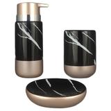 Kit Banheiro Lavabo Saboneteira Porcelana Marmorizada Acessório PretoGold Porta Escova Sabonete 3Pç - R3p import