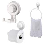 Kit Banheiro Papeleira, Toalheiro e Gancho Duplo ABS Branco Fixação Por Ventosa ABS Branco - Future