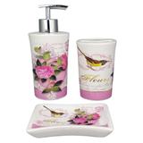 Kit Banheiro Porcelana Fleurs Porta Sabonete Liquido Porta Escovas e Saboneteira Decoração Wincy