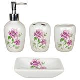 Kit Banheiro Porcelana Flores Dupla Lilás Sabonete Liquido Porta Escovas e Saboneteira Decoração Wincy - R3p shop