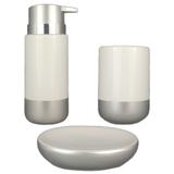 Kit Banheiro Saboneteira Lavabo Acessório Pia Branco e Prata Porcelana Porta Sabonete Líq Escova 3Pç - R3p import
