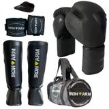 Kit Boxe Luva Bandagem Bucal Caneleira M Bolsa - Iron Arm
