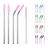 Kit Canudos Aço Inox Reto Curvo Ponteira Silicone Reutilizavel Cores - Braslu