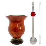 Kit Chimarrão Cuia Lisa Casco Grosso + Bomba Inox Pedra 24cm - Velho porongo