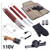 Kit Churrasco 8 Pecas Campeche com Avental + Espeto Giratorio 110v Mor