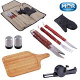 Kit Churrasco com 9 Pecas Tabua em Bambu Garfo Faca Mor