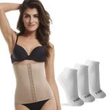 Kit Cinta Espartilho Bege Mondress com 3 Pares de Meias Brancas Cano Curto M - Polo Match