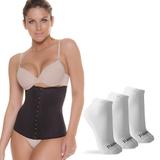 Kit Cinta Espartilho Preto Mondress com 3 Pares de Meias Brancas Cano Curto M - Polo Match