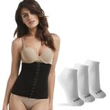 Kit Cinta Modeladora Abdominal Preto Mondress com 3 Pares de Meias Brancas Cano Curto M - Polo Match