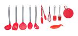 Kit Colheres de Silicone vermelho com cabo inox 11 peças Concha Pegador Escumadeira Espátula... - Ck