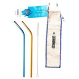 Kit com 2 Canudos de Inox Curvado Blue e Champagne + 1 Escova de Limpeza + 1 Saquinho Protetor - Econudinho