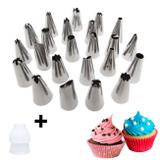 Kit com 24 Bicos Inox para Confeitar Bolos e Cupcakes + Adaptador Yazi