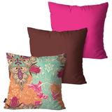 Kit com 3 Almofadas Decorativas Marrom Flor Tribal - Pump up