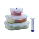 Kit com 3 Potes Plásticos Retangular Herméticos a Vácuo e Bomba Aspi Fresh