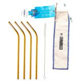 Kit com 4 Canudos de Inox Curvado Champagne + 1 Escova de Limpeza + 1 Saquinho Protetor - Econudinho
