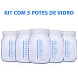 Kit com 5 Potes de Vidro para Armazenar Leite Materno 200ml Com Graduação - Super mamãe