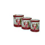 Kit com cinco latas de metal redondas com tema natalino de Papai Noel. JG c/3 unidades. Cod. Cromus: 1618444