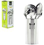 Kit com colher / concha / escumadeira / garfo trinchante de inox + suporte na caixa - Wincy
