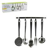 Kit com colher / concha / escumadeira / garfo trinchante / pegador com suporte de parede de inox - Wincy