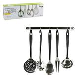 Kit com colher / concha / escumadeira / garfo trinchante / pegador com suporte de parede de inox - Wincy