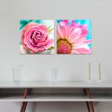 Kit com duas placas decorativas de 40x40cm cada - Flores Rosas no fundo azul - Galeria quadros