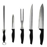 Kit Conjunto Churrasco 5 Pç Garfo Facas Chaira Inox Dinasty