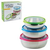 Kit Conjunto De Potes Em Aço Inox 3 Peças Com Tampa Colorida - Wincy