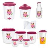 Kit Cozinha Completo Coruja com Jarra, Garrafa Agua, Lixinhos e Pote Mantimentos Injetemp