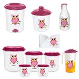 Kit Cozinha Completo Coruja com Jarra, Garrafa Agua, Lixinhos e Pote Mantimentos Injetemp