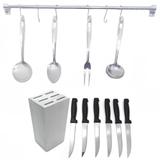Kit Cozinha Suspensa Utensílios Colher Garfo Escumadeira Concha Peneira Pegador Faqueiro E Cepo - Customizado