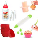 Kit Cupcake com 12 Forminhas + Furador + Caneta Verde e Decorador com 8 Bicos Fackelmann