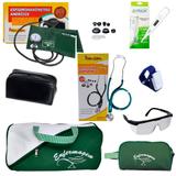 Kit de Enfermagem com Aparelho de Pressão Estetoscópio Premium Verde + Bolsa Necessaire e acessórios