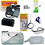 Kit de enfermagem com estetoscópio aparelho de pressão Premium grafite, óculos, garrote, termômetro e Bolsa