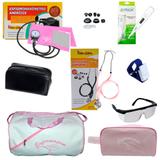 Kit de enfermagem com estetoscópio e aparelho de pressão rosa óculos garrote termômetro e Bolsa - Premium