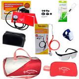 Kit de Enfermagem com Medidor de Pressão Estetoscópio Premium Vermelho + Bolsa Necessaire e acessórios