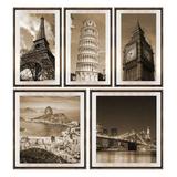 Kit de Quadros com Moldura Rústica e Margem com Espelho Pontos Turísticos Kit com 5 Quadros - Decore pronto