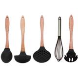 Kit De Utensílios Em Silicone Preto Com Cabo de Madeira 5 peças - Jfz