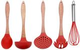 Kit de Utensílios em Silicone Vermelho Com Cabo Madeira - Jfz
