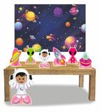 Kit Display Menina Astronauta Morena 7 Pçs + Painel Grande - X4adesivos